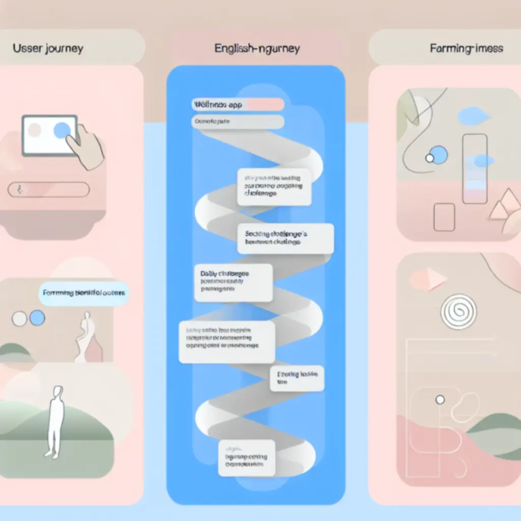 Infografika prezentująca drogę użytkownika w aplikacji Mindset Go: od instalacji po codzienne wyzwania i nawyki.