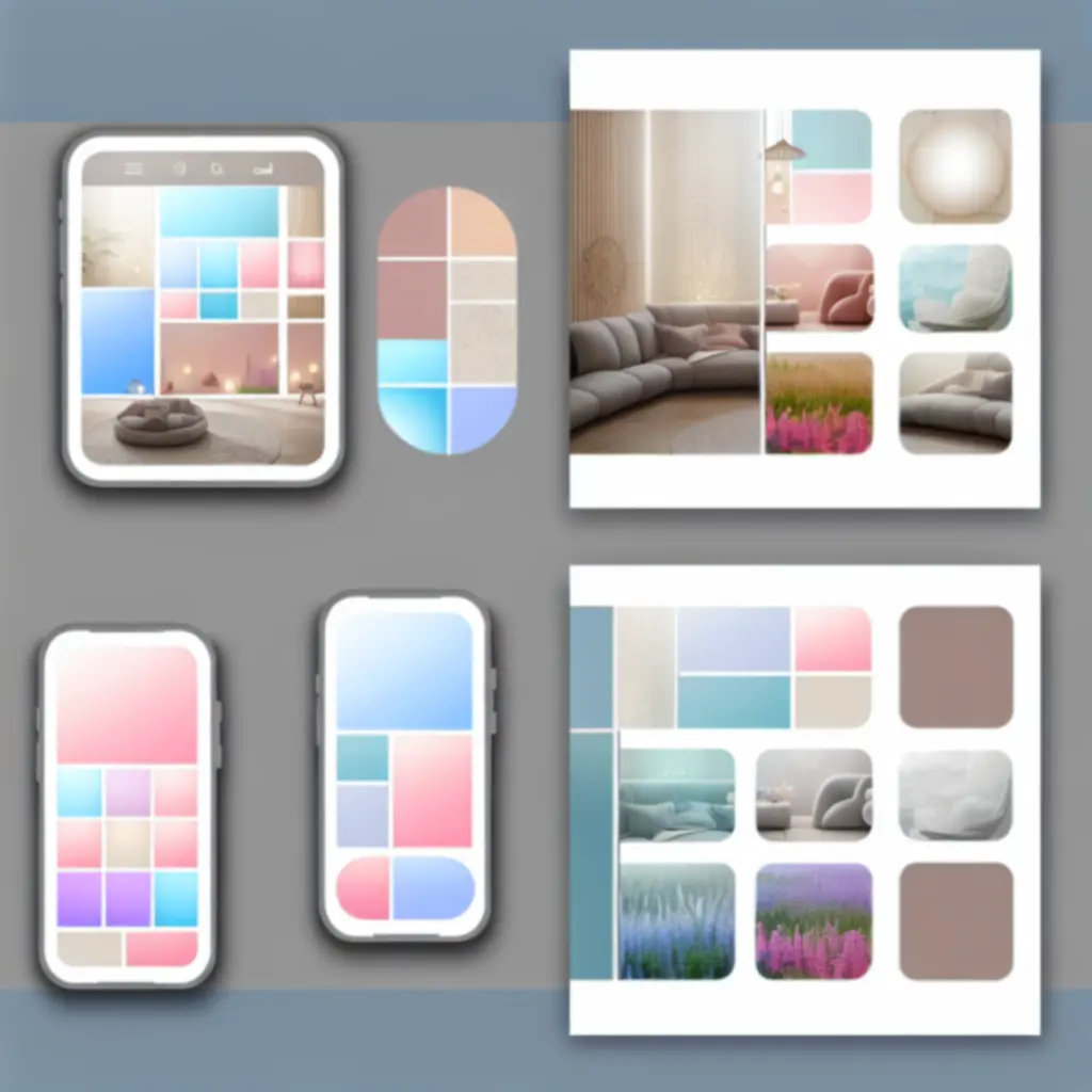 Galeria ekranów aplikacji Mindset Go z pastelową, relaksującą oprawą graficzną.