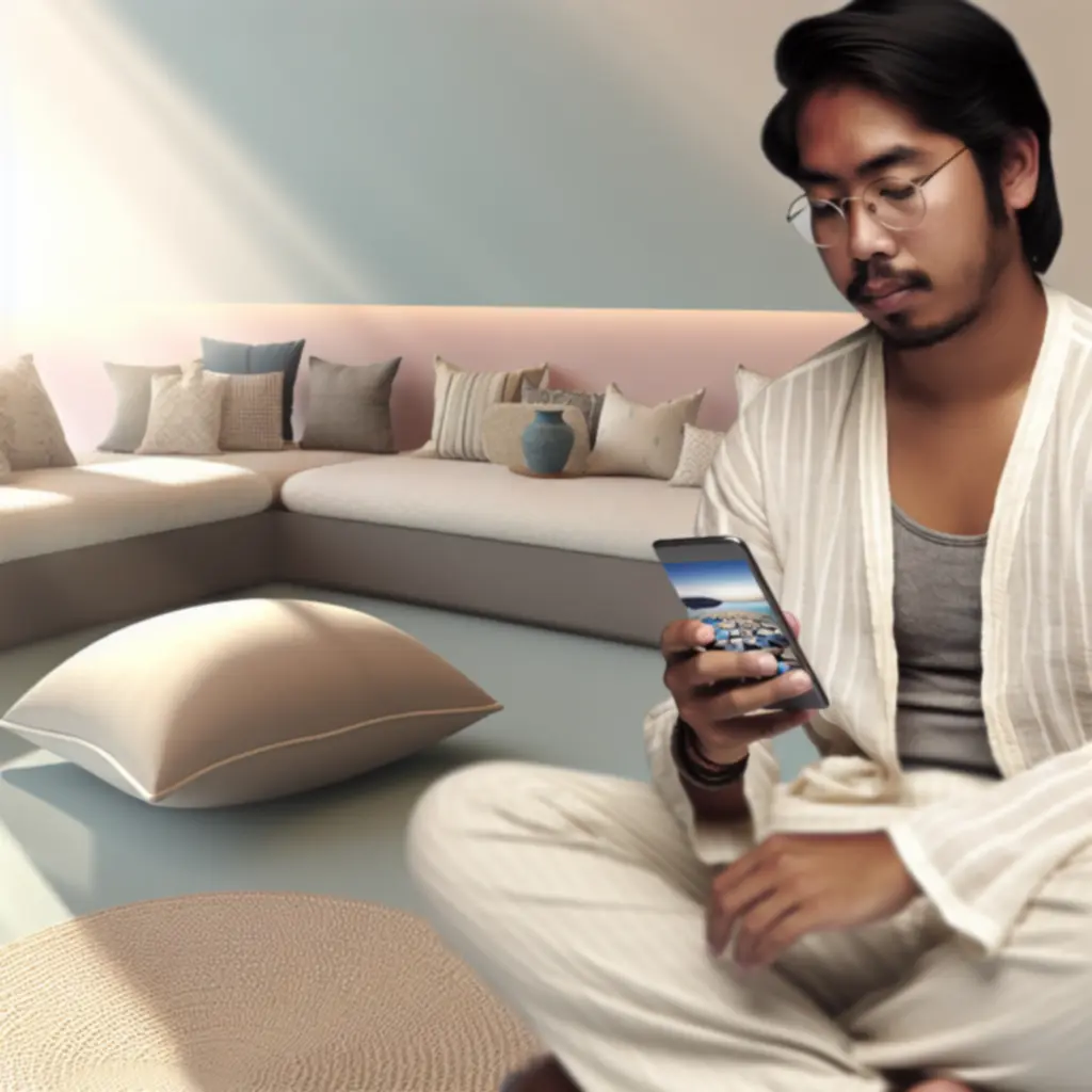 Ekran z relaksującą sceną w pastelowych barwach z gry Mindset Go przedstawiającą spokojną przestrzeń do wyciszenia