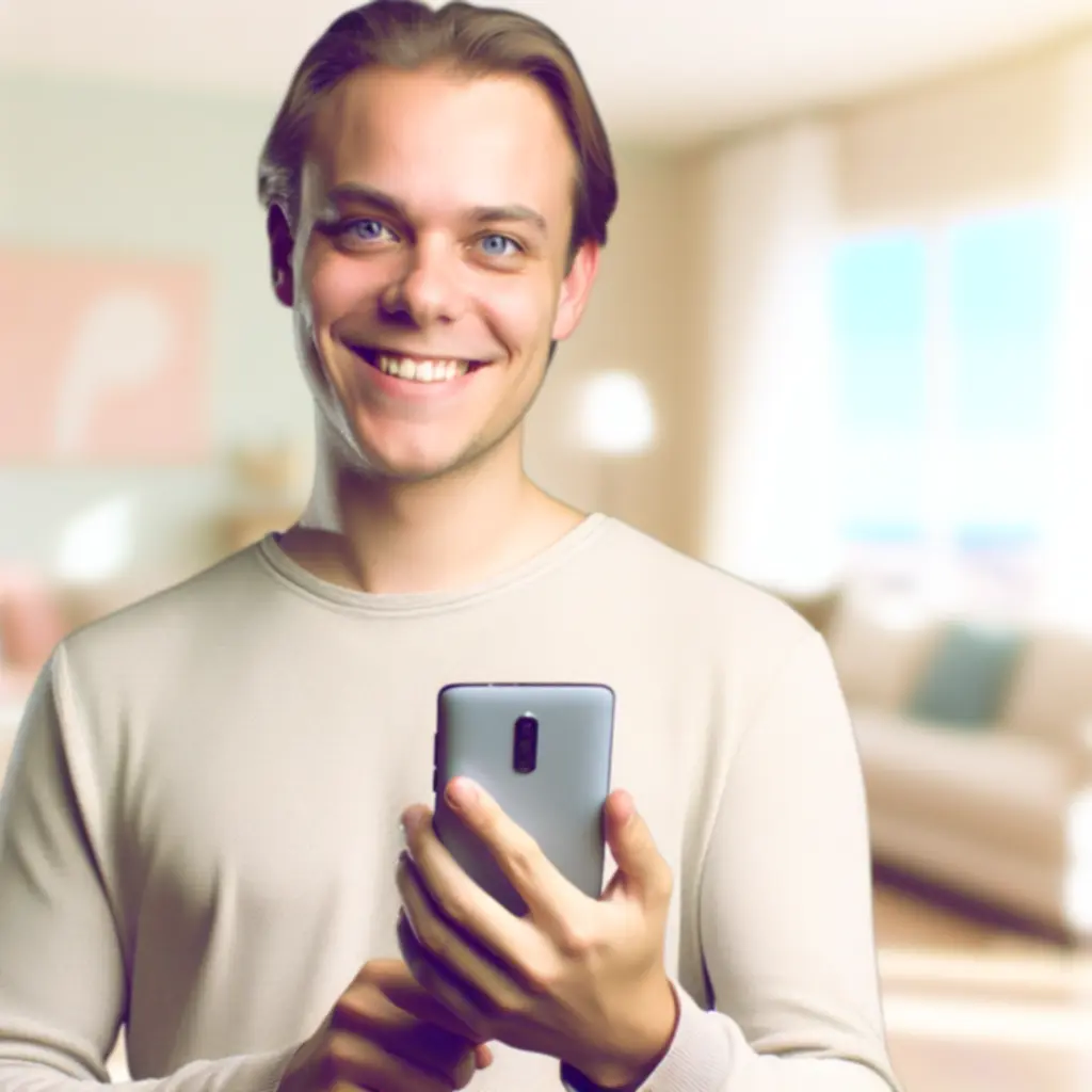 Użytkownik Mindset Go zrelaksowany, trzymający telefon z włączoną grą, siedzący w spokojnym, pastelowym otoczeniu.